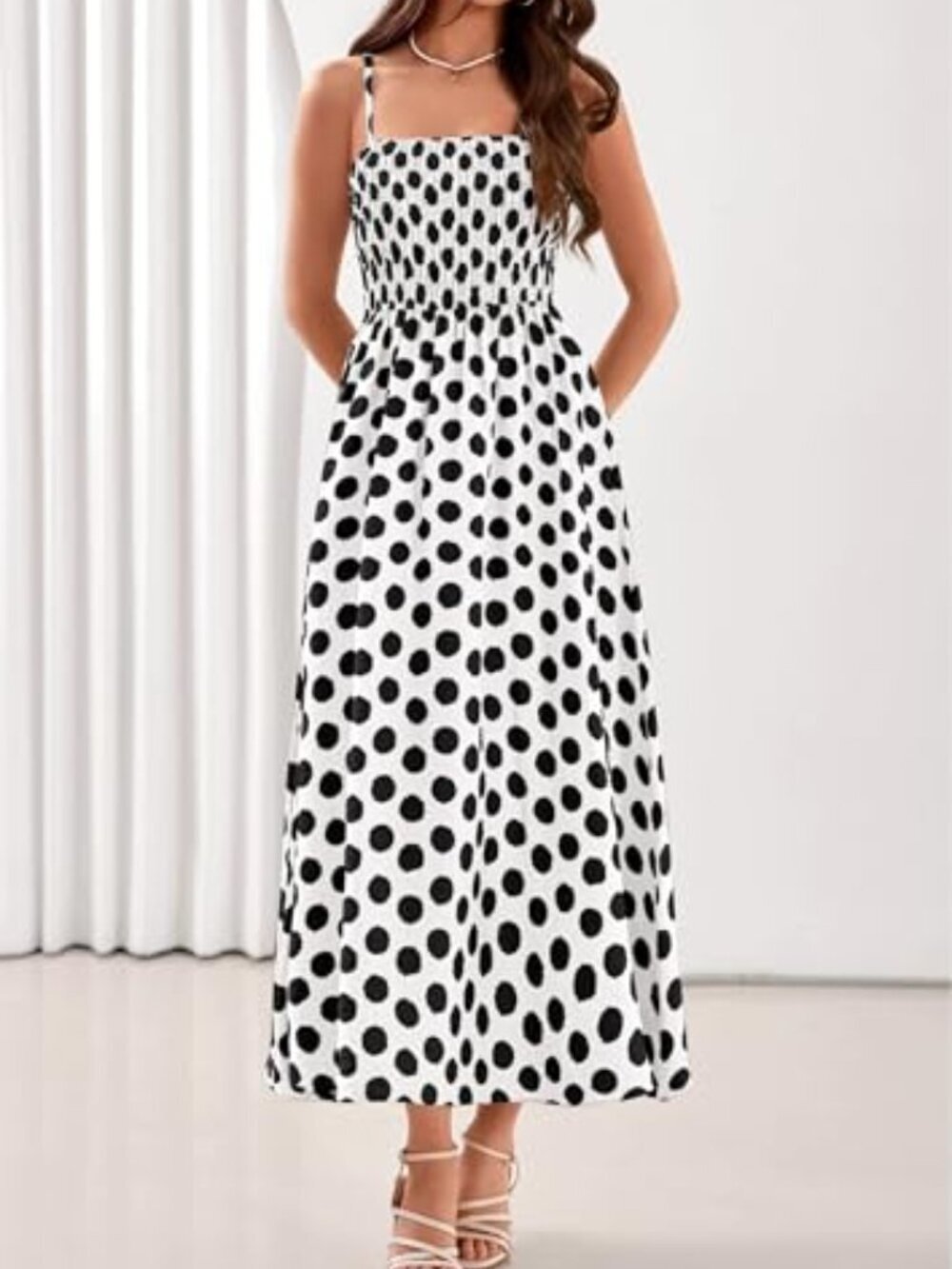 🆕 Women Summer Sleeveless Dress Spaghetti Straps Smocked Casual Polka Dot